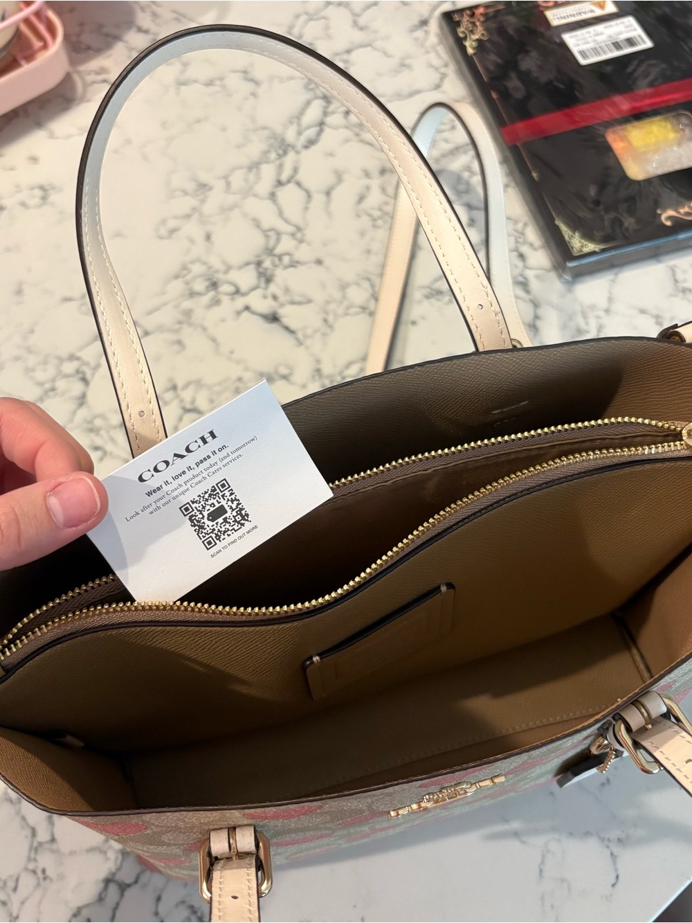 Coach Mollie Tote 25 in Signature Canvas with Pink Heart Print and White Straps - Picture 5 of 5
